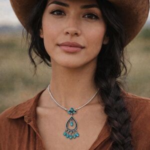 Southwest - Turquoise & 925 Silver Statement Necklace - Adjustable 18”-20”